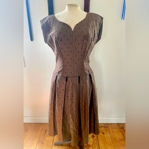 Darling chocolate brown & black vintage party dress w/velvet detailing 50s 60s